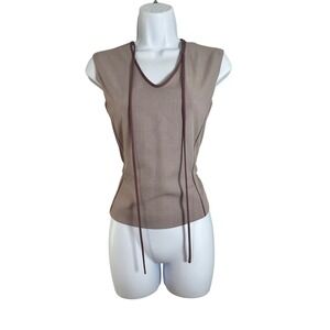 Bouton Women Taupe Mauve Sleeveless V-Neck Tie Blouse Top Size L Back Zipper